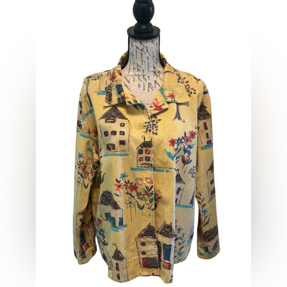 Chico's Yellow Cotton Printed Button-Up Shirt Jacket